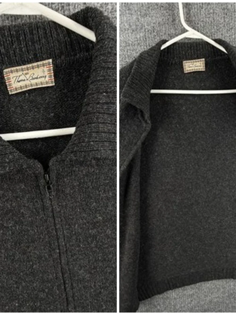 Thomas Burberry Shetland Wool Collared Long Sleeve Dark Gray Full Zip Logo Men